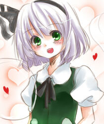  bad_id bad_pixiv_id blush female green_eyes hair_ribbon heart konpaku_youmu konpaku_youmu_(ghost) lowres rai_(rai-s) ribbon short_hair solo touhou white_hair 