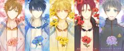  5boys blonde_hair blue_eyes blue_hair brown_hair cherry_blossoms color_coordination column_lineup commentary_request expressionless flower free! goggles goggles_around_neck green_eyes grey_hair hazuki_nagisa jacket male_focus matsuoka_rin md5_mismatch memipong mole mole_under_eye multiple_boys nanase_haruka_(free!) nitori_aiichirou pink_eyes red_eyes red_hair resolution_mismatch school_uniform short_hair smile source_smaller tachibana_makoto topless_male 