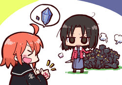  &gt;_&lt; 2girls chibi closed_eyes command_spell commentary_request expressionless fate/grand_order fate_(series) feline fujimaru_ritsuka_(female) fujimaru_ritsuka_(female)_(mage&#039;s_association_uniform) jacket jitome kara_no_kyoukai kasuga_yuuki knife long_sleeves multiple_girls official_alternate_costume open_clothes open_jacket ryougi_shiki simple_background speech_bubble spoken_object standing thumbs_up too_many too_many_cats white_background 