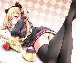  animal_ear_headphones animal_ears ass azur_lane bad_id bad_twitter_id black_thighhighs blonde_hair blush breasts cake candy cat_ear_headphones cherry commentary_request concord_(azur_lane) crossed_ankles fake_animal_ears feet feet_up female fine_fabric_emphasis food fruit hair_between_eyes hair_ribbon headphones hood hood_down hooded_jacket inactive_account jacket legs long_hair long_sleeves looking_back lying medium_breasts mole mole_under_eye mouth_hold no_shoes oerba_yun_fang on_stomach oouso open_clothes open_jacket pleated_skirt pudding red_eyes red_ribbon ribbon sidelocks skirt solo star-shaped_pupils star_(symbol) symbol-shaped_pupils thighhighs thighs toes twintails twitter_username v white_skirt 