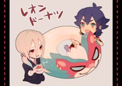  2boys afuro_terumi aged_up armband bad_link blue_eyes blue_hair chibi doughnut food formal inazuma_eleven_(series) inazuma_eleven_go juuou_leon kidokawa_seishuu kishibe_taiga long_hair lowres male_focus multicolored_hair multiple_boys necktie ponytail purple_hair red_eyes seiza sitting soccer_uniform sportswear suit tokio_neo two-tone_hair 