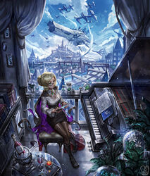  aircraft airship blonde_hair book boots bottle breasts cabinet candle cape city cleavage commentary commission cup curtains drinking_glass female flower glasses glynda_goodwitch green_eyes hair_bun highres instrument md5_mismatch pantyhose piano river rwby sa-dui single_hair_bun sitting solo vase window wine_bottle wine_glass 