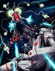  alien arm_cannon battle choujikuu_yousai_macross commentary energy energy_cannon energy_orb english_commentary explosion firing franciscoetchart glaug glowing glowing_eye gunpod ichijou_hikaru itano_circus macross mecha missile quamzin_kravshera robotech science_fiction signature space thrusters vf-1 vf-1j walker war watermark weapon zentradi 