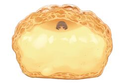  bob_cut bright_pupils brown_eyes brown_hair commentary_request cream_puff female food full_body in_food jitome looking_at_viewer original peeking_out powdered_sugar short_hair simple_background solo white_background yajirushi_(chanoma) 