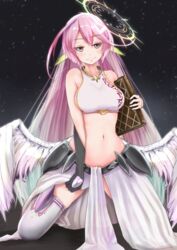  angel angel_wings animal_ears bird_ears blush book breasts commentary_request feathered_wings female gloves halo highres jibril_(no_game_no_life) kneeling large_breasts long_hair low_wings magic_circle midriff multicolored_hair navel no_game_no_life pink_hair sideboob smile solo spiked_halo thighhighs white_wings wing_ears wings yoshino_(yoshino-yoshii) 