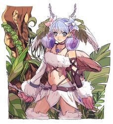  blue_eyes breasts cape commentary_request curly_hair elbow_gloves female gloves grey_hair hashio_(gobou3443) head_wings highres jungle long_hair looking_at_viewer makna_armour medium_breasts melia_antiqua nature simple_background smile solo thighhighs wings xenoblade_chronicles_(series) xenoblade_chronicles_1 