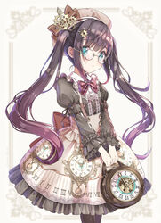  aqua_eyes beret black_dress black_hair black_legwear blurry blurry_background blush bow bowtie brown_bow brown_hat buttons clock clock_hair_ornament commentary_request dress female framed frilled_dress frills gear_hair_ornament glasses gothic_lolita gradient_hair hair_intakes hair_ornament hairclip hat hat_bow highres holding juliet_sleeves lolita_fashion long_hair long_sleeves looking_at_viewer multicolored_hair original parted_lips plaid plaid_bow plaid_bowtie puffy_sleeves purple_hair red_bow red_bowtie roman_numeral round_eyewear sakura_shiori sidelocks simple_background solo standing twintails underbust very_long_hair wavy_hair wing_collar 