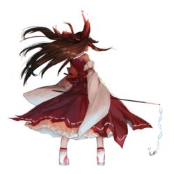  back bare_shoulders bow brown_hair commentary_request detached_sleeves dress female gohei hair_tubes hairbow hakurei_reimu highres kinketsu long_hair long_sleeves red_bow red_dress solo touhou very_long_hair wide_sleeves wind 