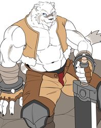  2017 absurd_res anthro biceps big_muscles clothed clothing felid fur grimoire_of_zero hi_res kemono male mammal mayar melee_weapon mercenary_(grimoire_of_zero) muscular muscular_anthro muscular_male pantherine solo sword tiger weapon white_body white_fur 