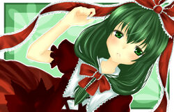  commentary_request female frills front_ponytail green_eyes green_hair hair_ribbon kagiyama_hina long_hair rai_(rai-s) ribbon solo touhou 