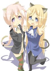  2girls alternate_hair_color animal_ears b-man blonde_hair cat_ears cat_tail cosplay lucky_star lynette_bishop_(cosplay) military military_uniform minegishi_ayano multiple_girls no_pants perrine_h_clostermann_(cosplay) pink_hair stockings strike_witches tail takara_miyuki thighhighs uniform v 