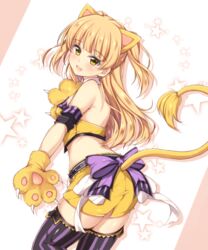  animal_ears animal_hands blonde_hair blush bow commentary_request detached_collar detached_sleeves female gloves idolmaster idolmaster_cinderella_girls jiino jougasaki_rika lion_ears lion_girl lion_paw lion_tail long_hair looking_at_viewer midriff miniskirt paw_gloves skirt smile solo star_(symbol) striped_clothes striped_thighhighs tail thighhighs two_side_up vertical-striped_clothes vertical-striped_thighhighs yellow_eyes zettai_ryouiki 