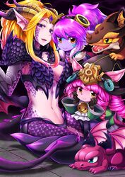  3girls alternate_costume alternate_hair_color animal_ears ascot bell black_gloves blonde_hair braid brown_eyes colored_skin commentary_request dragon dragon_sorceress_zyra dragon_tail dragon_trainer_lulu dragon_trainer_tristana dress facepaint fewer_digits gloves goggles goggles_on_head green_dress hat hat_ornament highres horns jingle_bell league_of_legends long_hair looking_at_viewer lulu_(league_of_legends) midriff monster_girl multiple_girls navel pink_hair pointy_ears ponytail purple_eyes purple_hair purple_skin riggle_(league_of_legends) scales sitting tail tanpopo_hayabusa-maru tristana yordle zyra 