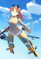  absurdres aircraft airplane animal_ears blue_eyes brown_hair cloud day edytha_neumann female fi_156 flying glasses gun highres horse_ears horse_girl horse_tail long_hair machine_gun military military_uniform non-web_source official_art shimada_fumikane sky solo striker_unit tail uniform weapon witches_of_africa world_witches_series 