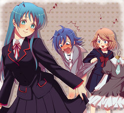  1boy 2girls ^^^ ahoge blue_hair blush cardfight!!_vanguard chorobi commentary_request crossdressing eighth_note family highres long_hair mother_and_daughter mother_and_son multiple_girls musical_note no_nose open_mouth orange_hair otoko_no_ko quarter_note school_uniform sendou_aichi sendou_emi sendou_shizuka serafuku short_hair skirt_hold smile spoken_musical_note sweat wavy_mouth 