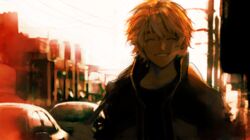  bag blonde_hair car city closed_eyes fatal_fury ground_vehicle jacket lechuza male_focus mark_of_the_wolves motor_vehicle rock_howard smile snk solo sunset traffic_light 