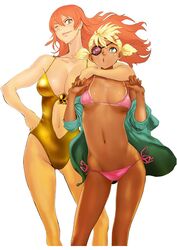  2girls aqua_eyes bikini bikini_tan blonde_hair dark-skinned_female dark_skin eyepatch heart highres long_hair looking_at_viewer midriff multicolored_hair multiple_girls navel nekoi_mie one-piece_swimsuit one_eye_closed original patch red_hair side-tie_bikini_bottom simple_background smile swimsuit tan tanlines twintails two-tone_hair white_background yellow_eyes 