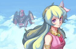  cloud female gurren-lagann long_hair mecha multicolored_hair mynare nia_teppelin photoshop_(medium) robot tengen_toppa_gurren_lagann 