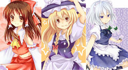  3girls apron bare_shoulders blonde_hair blue_eyes braid brown_eyes brown_hair commentary_request detached_sleeves hair_ribbon hair_tubes hakurei_reimu hat hat_ribbon ice ice_wings izayoi_sakuya kirisame_marisa knife maid_apron maid_headdress multiple_girls navel rai_(rai-s) ribbon side_braid touhou twin_braids white_hair wings witch_hat yellow_eyes 