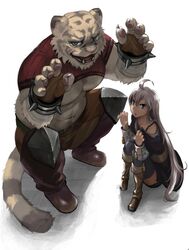  2017 anthro biceps big_muscles clothed clothing duo felid female fur grimoire_of_zero hi_res human incarnata kemono male mammal melee_weapon mercenary_(grimoire_of_zero) muscular muscular_male pantherine sword tiger weapon white_body white_fur zero_(grimoire_of_zero) 