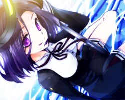  commentary_request dress female glaive_(polearm) halo kantai_collection long_sleeves mechanical_halo polearm purple_eyes purple_hair ribbon short_hair sitting smile solo tatsuta_(kancolle) tongue tongue_out wannyanpu water weapon 