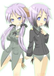  2girls animal_ears b-man cosplay crossed_arms dog_ears dog_tail erica_hartmann_(cosplay) gertrud_barkhorn_(cosplay) gradient_hair hiiragi_kagami hiiragi_tsukasa long_hair lucky_star military military_uniform multicolored_hair multiple_girls no_pants purple_eyes purple_hair strike_witches tail twintails uniform very_long_hair 