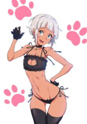  aqua_eyes bell black_gloves black_thighhighs blunt_bangs cat_cutout cat_ear_panties cat_lingerie choker claw_pose cleavage_cutout clothing_cutout commentary_request dark-skinned_female dark_skin female flat_chest gloves hand_on_own_hip highres hip_focus jingle_bell meme_attire narrow_waist navel nora_(supernew) oerba_yun_fang open_mouth original panties short_hair side-tie_panties skinny smile solo supernew tan thigh_gap thighhighs underwear underwear_only white_hair 