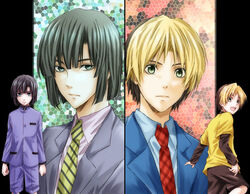  2boys :d bad_id bad_pixiv_id black_hair blonde_hair bob_cut dual_persona formal green_eyes green_hair hikaru_no_go long_sleeves multicolored_hair multiple_boys necktie open_mouth projected_inset sagari24 school_uniform shindou_hikaru short_hair shorts smile striped suit touya_akira 