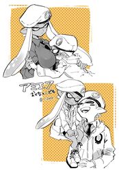  2boys 2girls age_difference age_switch aged_down aged_up army-kun_(splatoon) beret blush commentary_request dark_skin forge-chan_(splatoon) hat highres inkling inkling_boy inkling_girl inkling_player_character multiple_boys multiple_girls pointy_ears serizawa_nae shorts splatoon_(manga) splatoon_(series) splatoon_1 tentacle_hair 