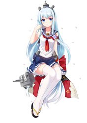  absurdres allenes aqua_hair blue_eyes breasts cannon collarbone commentary_request female full_body hairband hand_in_own_hair highres legs_together light_smile long_hair looking_at_viewer mecha_musume military military_vehicle miniskirt neckerchief official_art petals pleated_skirt rigging ruffling_hair sandals school_uniform serafuku ship shirayuki_(warship_girls_r) short_sleeves simple_background sitting skirt small_breasts solo thighhighs turret very_long_hair warship warship_girls_r watercraft white_background white_thighhighs 