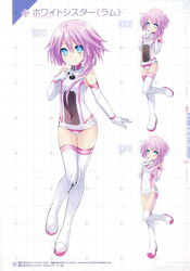  absurdres artbook asymmetrical_hair bare_shoulders blue_eyes blush bodysuit boots character_name choujigen_game_neptune_mk2 choujijigen_game_neptune_re;birth_2 closed_mouth clothing_cutout covered_collarbone covered_navel elbow_gloves female flat_chest full_body gloves grid_background hair_between_eyes hands_on_own_chest highres leg_lift leotard looking_at_viewer medium_hair multiple_views neptune_(series) official_art pink_hair power_symbol power_symbol-shaped_pupils scan shin_jigen_game_neptune_vii smile standing standing_on_one_leg symbol-shaped_pupils thigh_boots thigh_cutout thighhighs tsunako turtleneck white_background white_bodysuit white_footwear white_gloves white_leotard white_sister_ram 