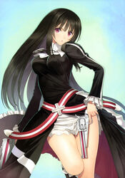  absurdres amulet black_hair breasts dual_wielding female gun handgun highres holding impossible_clothes kilmaria_aideen large_breasts long_hair looking_at_viewer open_mouth photoshop_(medium) purple_eyes revolver scan shining_(series) shining_ark solo taut_clothes thigh_gap tony_taka trigger_discipline very_long_hair weapon 