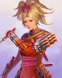  armor bad_id bad_pixiv_id blonde_hair bodysuit female hair_up japanese_armor natsu_(soulcalibur) sheath shoulder_armor skin_tight sode solo soulcalibur soulcalibur_v sword take_no_ko_(dodon) weapon white_background 