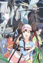  3boys alternate_form black_kyurem brown_hair commentary_request darmanitan darmanitan_(standard) double_bun female ghetsis_(pokemon) golduck hair_bun hugh_(pokemon) hyakuen_raitaa kyurem long_hair lucario magnezone multiple_boys n_(pokemon) one_eye_closed pantyhose photoshop_(medium) pokemon pokemon_(creature) pokemon_bw2 rosa_(pokemon) serperior twintails visor_cap 