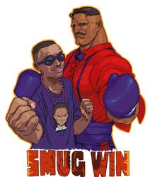  2boys alternate_color bow bowtie boxing_gloves commentary_request dark-skinned_male dark_skin downscaled dudley facial_hair highres hjm_ugp lanyard md5_mismatch moustache multiple_boys real_life resized resolution_mismatch riley_freeman smug_(gamer) source_larger street_fighter sunglasses the_boondocks 