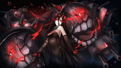  absurdres abyssal_ship air_bubble arms_at_sides bare_shoulders battleship_water_oni black_dress black_hair breasts bubble cannon chains closed_mouth collar commentary_request cuffs detached_collar dress expressionless female fire frown gloves glowing glowing_eyes hair_between_eyes highres horns kantai_collection lace lace_gloves large_breasts long_hair medium_breasts photoshop_(medium) red_eyes serious single_horn solo spikes straight_hair strapless strapless_dress turret underwater very_long_hair yun_lin 