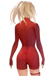  ass back bad_id bad_pixiv_id blonde_hair bodysuit facing_away female fingerless_gloves from_behind gloves hair_up leg_ribbon natsu_(soulcalibur) ribbon skin_tight solo soulcalibur soulcalibur_v take_no_ko_(dodon) thigh_ribbon white_background 