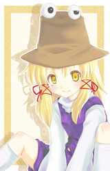  blonde_hair commentary_request female hair_ornament hat lowres moriya_suwako rai_(rai-s) solo touhou yellow_eyes 