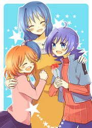  1boy 2girls affectionate ahoge bad_id bad_pixiv_id blue_eyes blush cardfight!!_vanguard closed_eyes family flower group_hug hug long_hair mother_and_daughter mother_and_son motherly multiple_girls orange_hair photoshop_(medium) ponytail rose sekimo sendou_aichi sendou_emi sendou_shizuka short_hair 