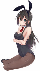  animal_ears black_footwear black_hair breasts brown_pantyhose commentary_request fake_animal_ears fake_tail female full_body glasses highres kantai_collection long_hair looking_at_viewer medium_breasts necktie ooyodo_(kancolle) pantyhose playboy_bunny rabbit_ears rabbit_tail red_necktie shoes simple_background solo tail white_background yoriha_yashiro 