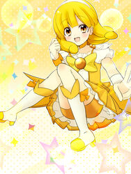  bike_shorts bike_shorts_under_skirt blonde_hair boots bow choker commentary_request cosplay cure_peace cure_peace_(cosplay) dress female hairband long_hair open_mouth precure sausu_(himakuma) self_cosplay short_hair shorts skirt smile smile_precure solo star_(symbol) v white_hairband yayoi_kise yellow_background yellow_bow yellow_eyes yellow_shorts yellow_skirt yellow_theme 