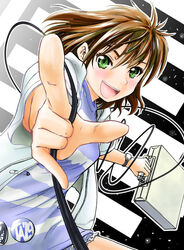  badge briefcase brown_hair cable commentary_request female green_eyes naruse pointing pointing_at_viewer shirt short_hair soreyuke!_uchuu_senkan_yamamoto_youko striped_clothes striped_shirt yamamoto_youko 