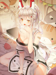  :&lt; alternate_breast_size animal_pillow ayanami_(azur_lane) azur_lane bad_id bad_pixiv_id bandaid bandaid_on_shoulder bangs bare_shoulders bed bedroom blue_hair blush blush_stickers box breasts cat_pillow cleavage dog_pillow eyebrows_visible_through_hair hair_between_eyes hair_over_shoulder half-closed_eye hand_up headgear holding holding_pillow indoors large_breasts light_particles long_hair looking_at_viewer mellozzo multicolored_hair niconico off_shoulder on_bed open_mouth orange_eyes panties panties_removed pillow polka_dot polka_dot_panties ponytail red_hair ribbon_panties shade shiny shiny_hair shirt short_sleeves sidelocks silver_hair sitting solo streaked_hair tears terebi-chan underwear unicorn_pillow very_long_hair waking_up white_panties white_shirt yawning 