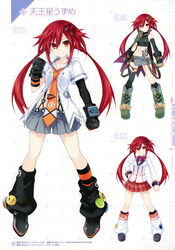  absurdres alternate_costume artbook asymmetrical_legwear badge bandages black_gloves black_legwear blazer boots bow bowtie brass_knuckles breasts button_badge cape character_name clenched_hand collarbone crop_top female four_goddesses_online:_cyber_dimension_neptune full_body gekijigen__blanc_+_neptune_vs_zombie_gundan gloves grid_background hair_ornament hairclip hand_on_own_hip hand_up highres jacket knee_boots kneehighs legs_apart loafers long_hair long_sleeves looking_at_viewer loose_socks midriff miniskirt multiple_views navel necktie neptune_(series) official_art orange_bow orange_eyes orange_necktie plaid plaid_skirt pleated_skirt red_hair scan school_uniform serious shin_jigen_game_neptune_vii shirt shoes short_sleeves single_kneehigh single_sock single_thighhigh skirt sleeveless small_breasts smile socks spiked_knuckles standing striped_clothes striped_socks suspenders tattoo tennouboshi_uzume thighhighs torn_clothes torn_thighhighs tsunako twintails uneven_legwear weapon white_shirt 