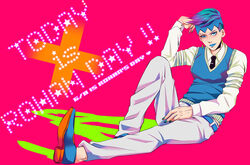  1boy blue_eyes blue_hair blue_lips commentary_request diamond_wa_kudakenai headband jojo_no_kimyou_na_bouken kishibe_rohan kishibe_rohan_wa_ugokanai lipstick makeup male_focus mosco nail_polish necktie solo sweater_vest 