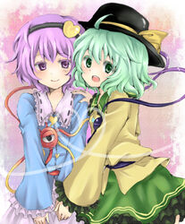  2girls commentary_request green_eyes green_hair hairband hat hat_ribbon komeiji_koishi komeiji_satori lowres multiple_girls purple_eyes purple_hair rai_(rai-s) ribbon short_hair siblings sisters third_eye touhou wide_sleeves 