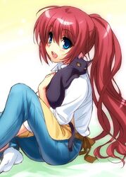  :d a-chan_senpai apron black_cat blue_eyes blush clannad commentary_request company_connection cosplay denim feline female jeans jpeg_artifacts key_(company) little_busters! long_hair open_mouth pants red_hair sagara_misae sagara_misae_(cosplay) shirt sitting sleeves_rolled_up smile socks solo white_shirt zen_(kamuro) 