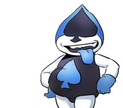  2018 belly better_version_at_source biped blue_tongue bulge clothed clothing deltarune digital_drawing_(artwork) digital_media_(artwork) eyeless front_view gloves half-length_portrait hands_on_hips handwear hood humanoid korean lancer_(deltarune) male not_furry open_mouth open_smile overweight overweight_male portrait ryonggay shadow simple_background smile solo spade_(disambiguation) spades_(suit) standing suit_symbol teeth tight_clothing tongue tongue_out undertale_(series) white_background white_body 