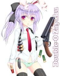  animal_ears black_thighhighs bow female folding_knife gun hair_up hairbow long_hair looking_at_viewer necktie no_pants noveske_n4 panties purple_hair rabbit_ears red_eyes red_necktie reisen_udongein_inaba shotgun shotgun_shell skirt solo striped_clothes striped_panties switchblade thighhighs touhou underwear weapon 