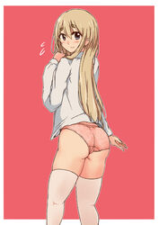  ass back blonde_hair blue_eyes blush border cherry_blossoms commentary_request female from_behind k-on! kotobuki_tsumugi long_hair looking_back no_pants panties pink_panties pink_thighhighs shirt solo thighhighs thighs tyranu underwear white_border white_shirt 